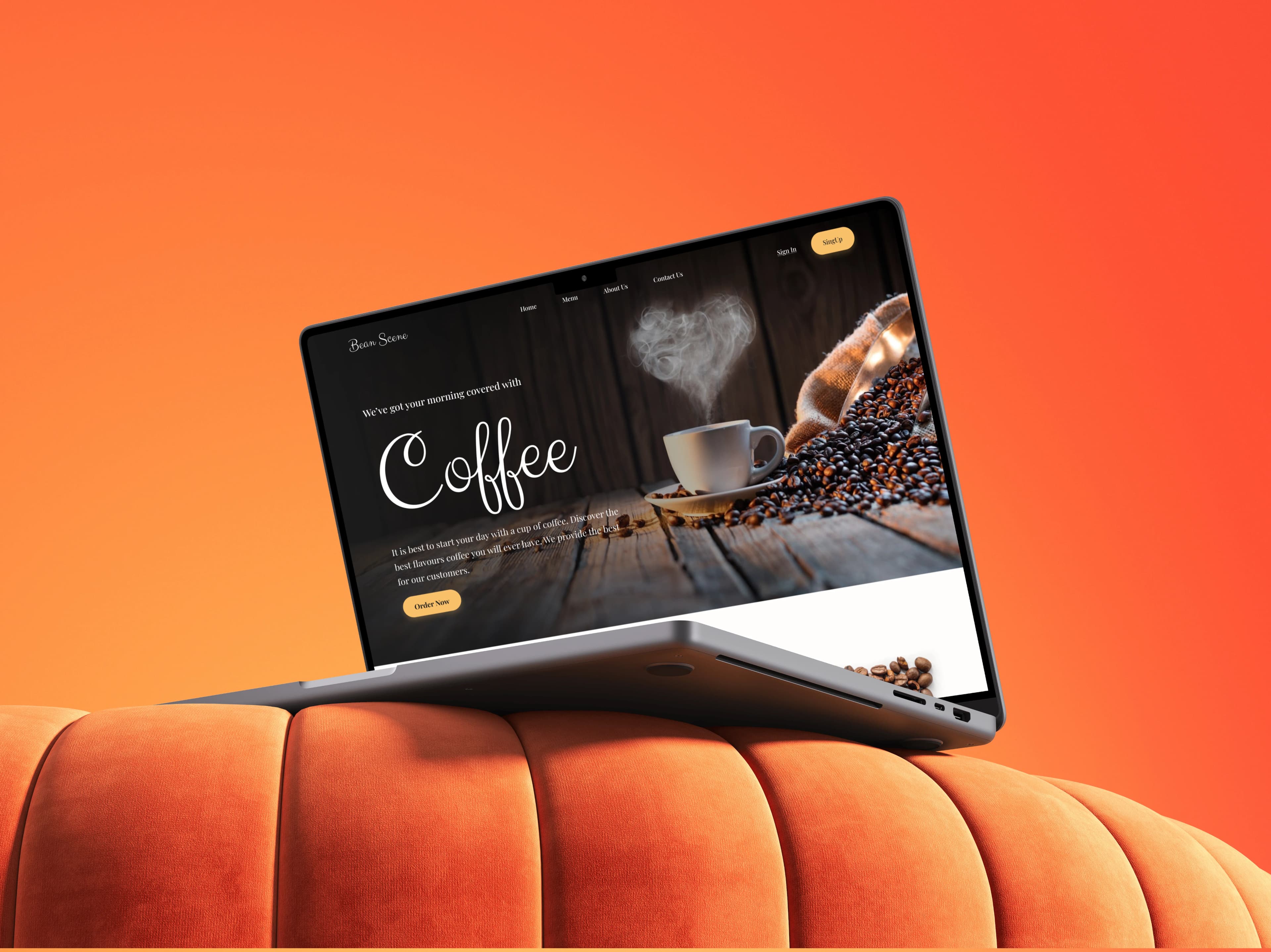Laptop auf einem Sofa — Website-Mockup auf dem Bildschirm