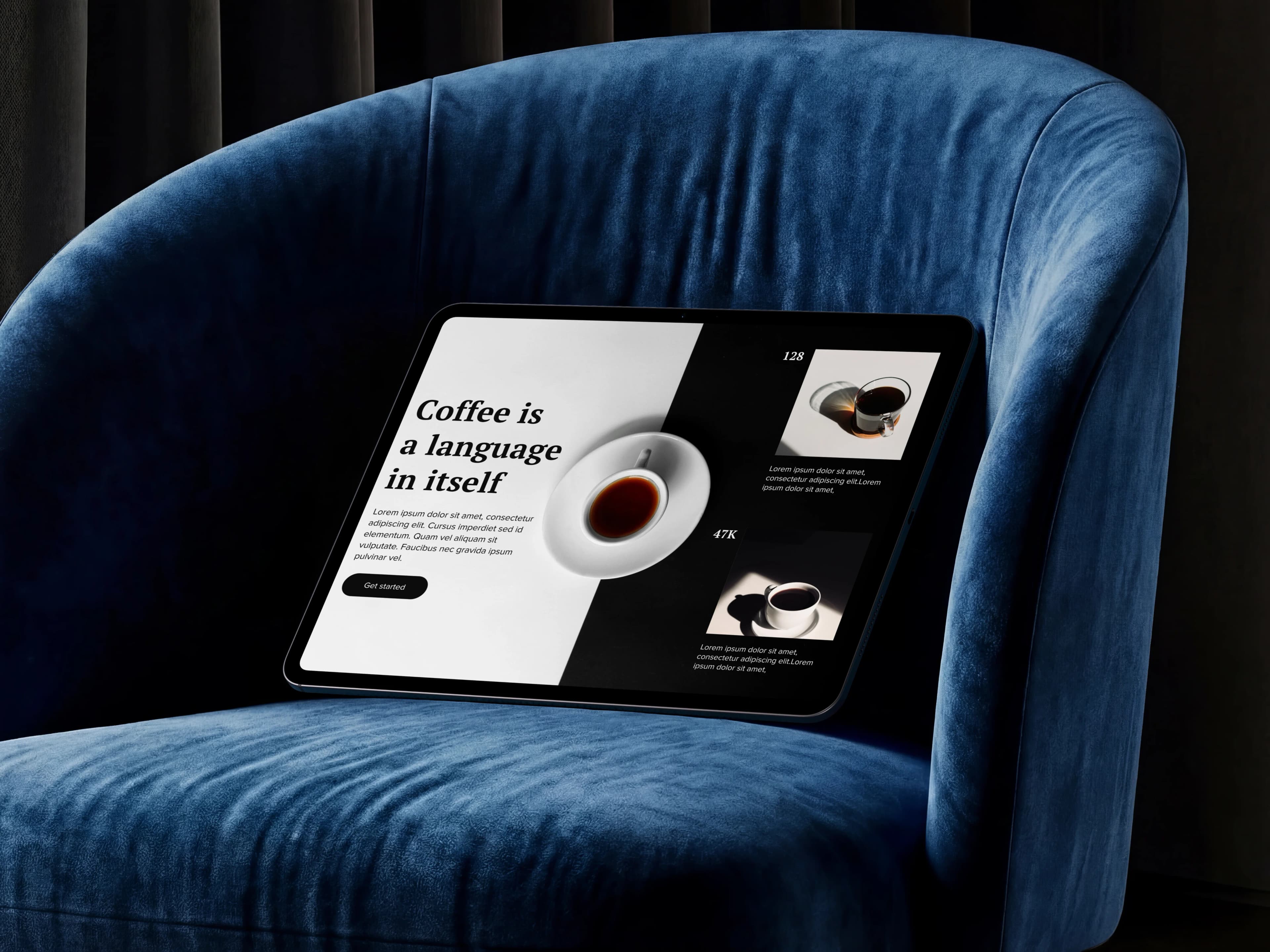 iPad auf blauem Samtsessel mit Corporate-Website-Mockup — Kaffee-Editorial und Stats