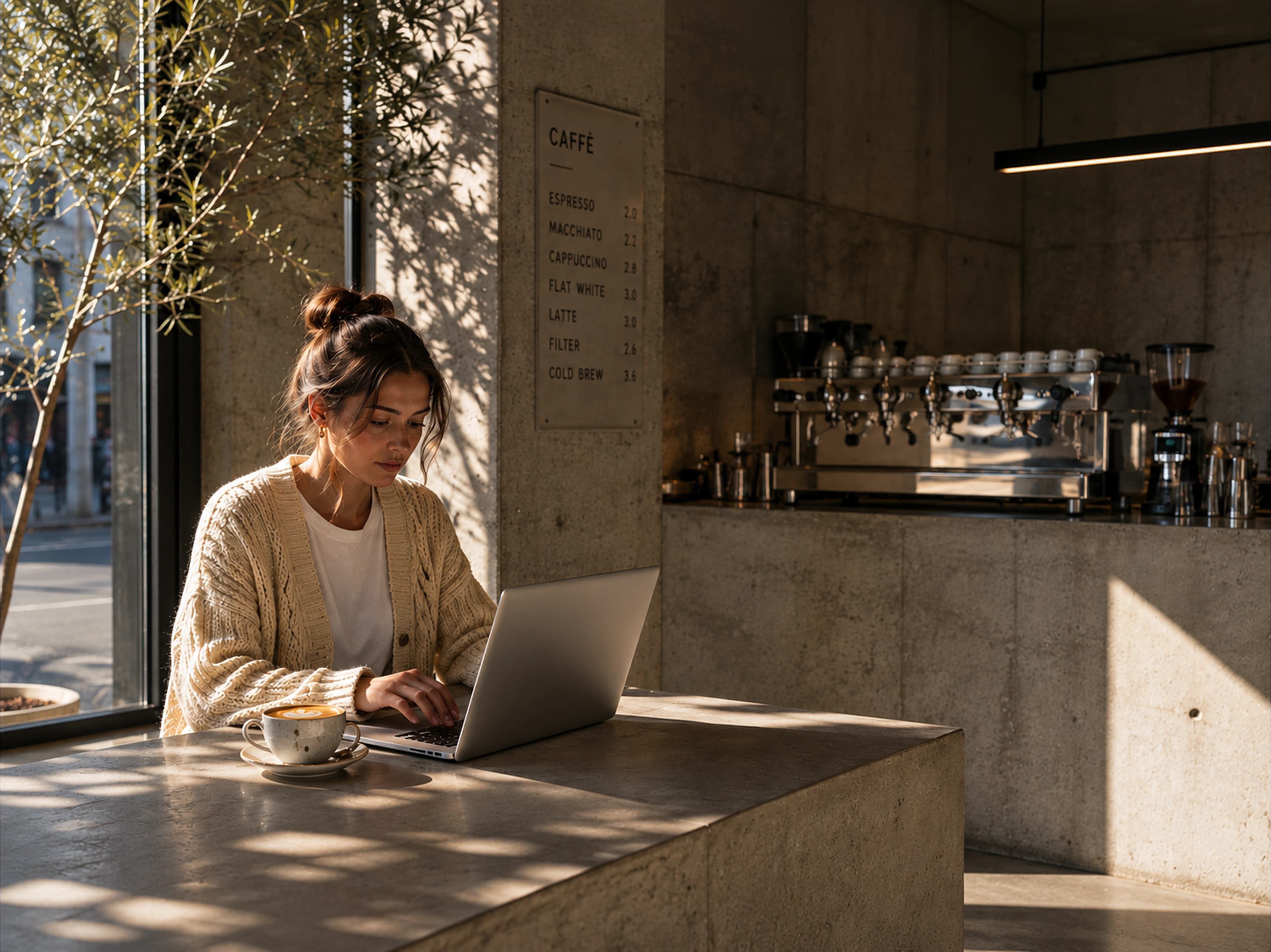 Frau mit Laptop und Kaffee an einem Betontisch in einem Café